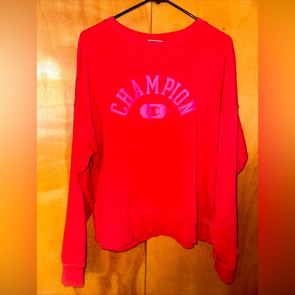 champion womens crush -dye red crewneck soft fleece line large pullover
